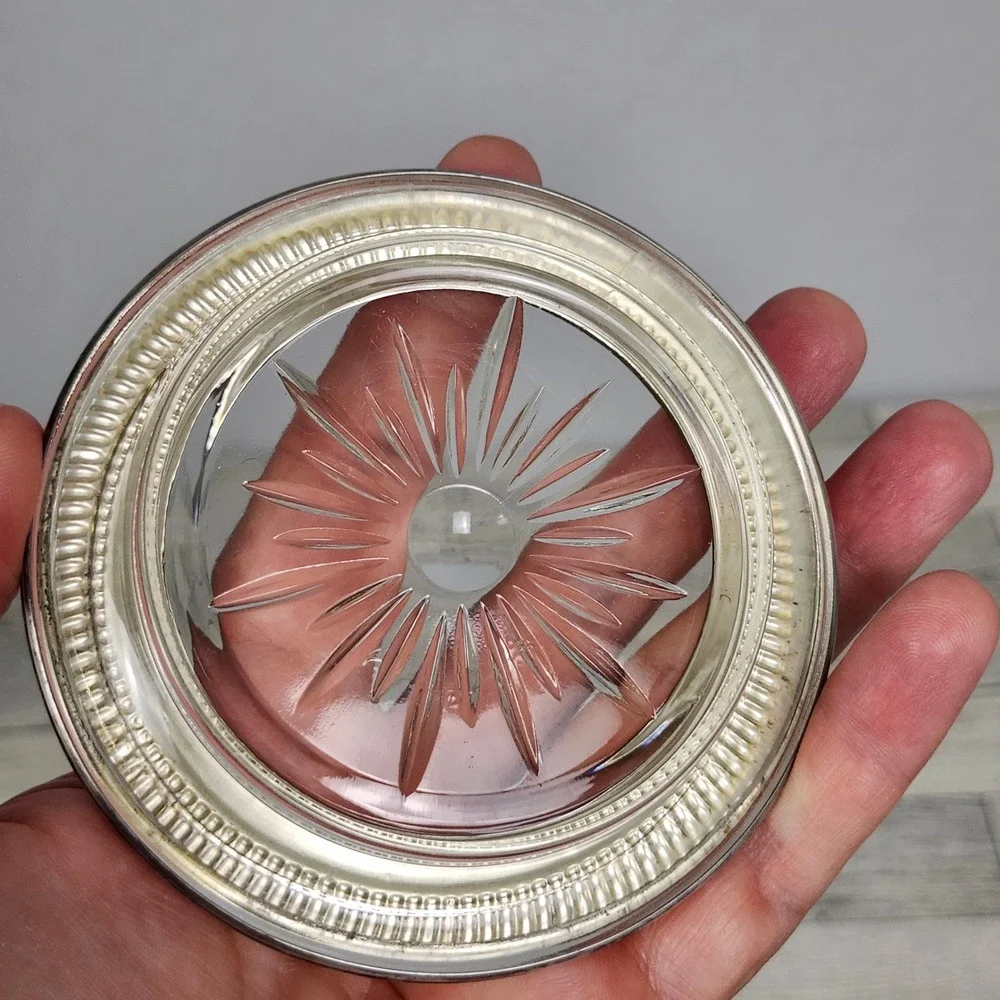 Vintage Frank M Whiting Sterling Silver Glass Coaster Starburst  Number 04